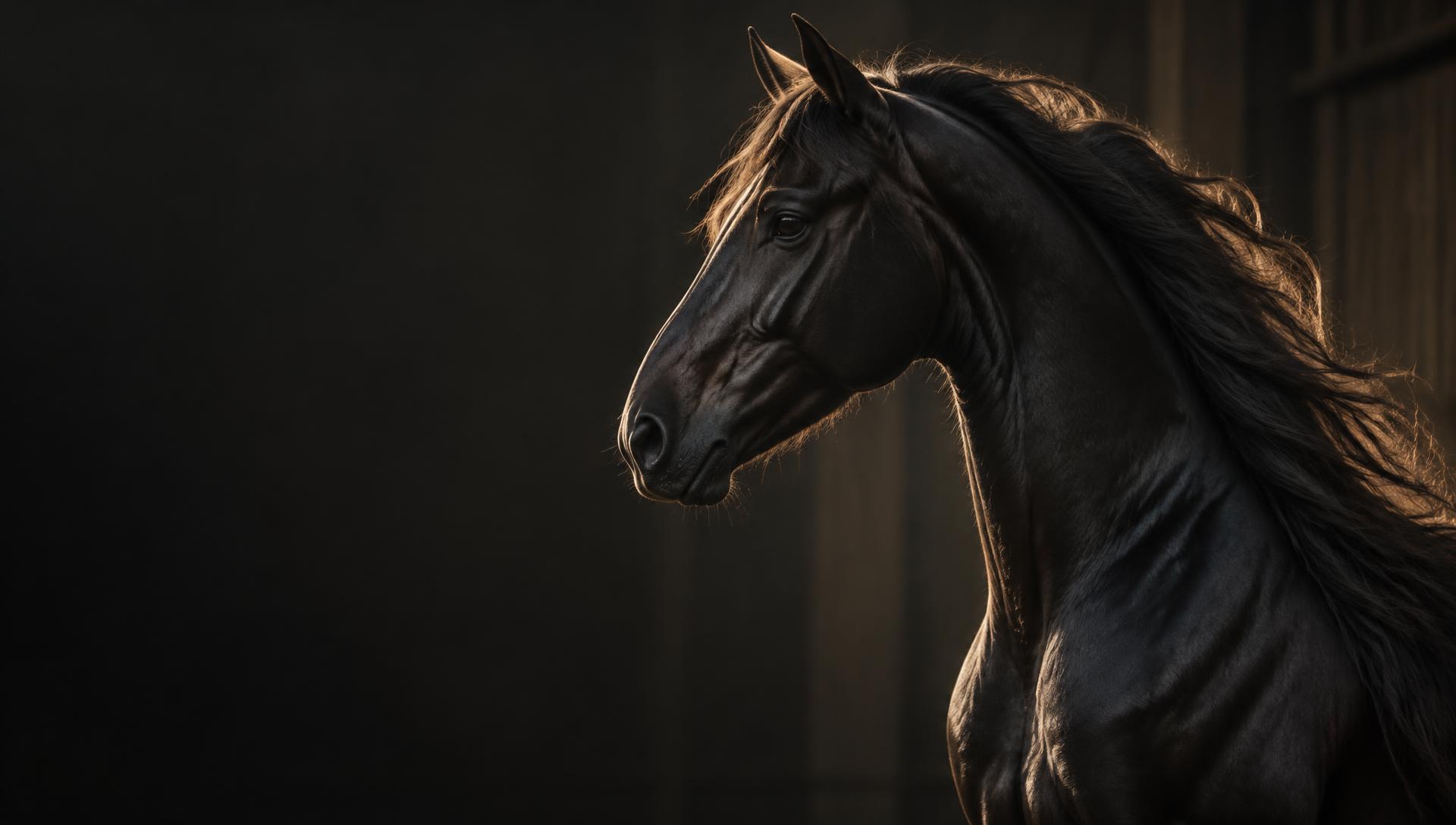 A black horse with a flowing mane, illuminated by warm light